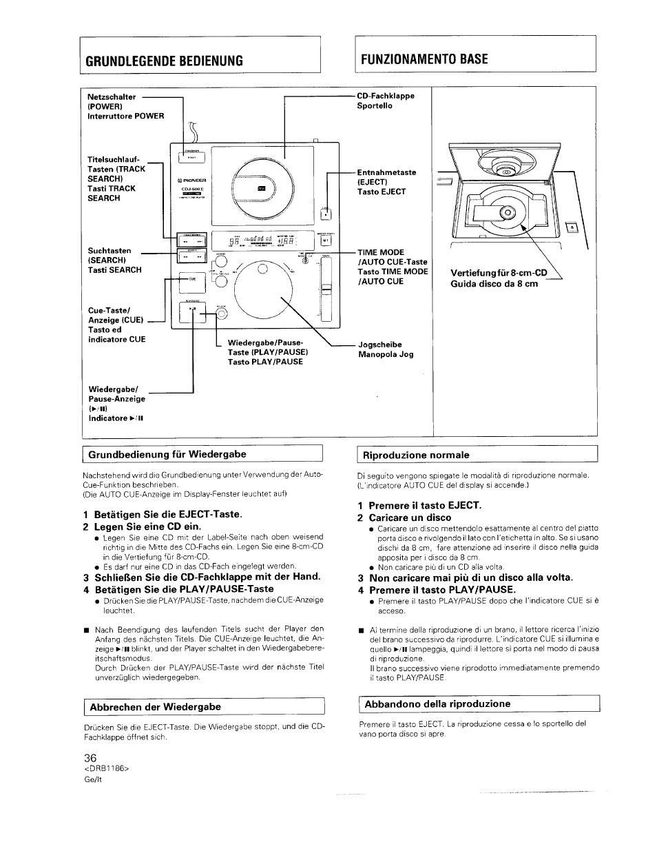 Vertiefung für 8-cm-cd guida disco da 8 cm, Grundbedienung für wiedergabe, 1 betätigen sie die eject-taste | 2 legen sie eine cd ein, 3 schließen sie die cd-fachklappe mit der hand, 4 betätigen sie die play/pause-taste, 1 premere il tasto eject, 2 caricare un disco, 3 non caricare mai più di un disco alla volta, 4 premere il tasto play/pause | Pioneer CDJ-500II User Manual | Page 36 / 91