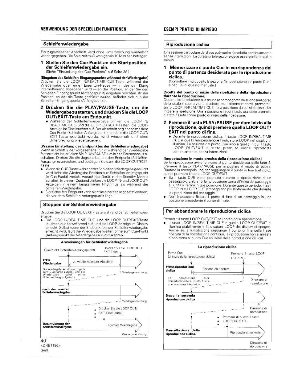 Stoppen der schleifenwiedergabe, Riproduzione ciclica, Per abbandonare la riproduzione ciclica | Pioneer CDJ-500II User Manual | Page 40 / 91