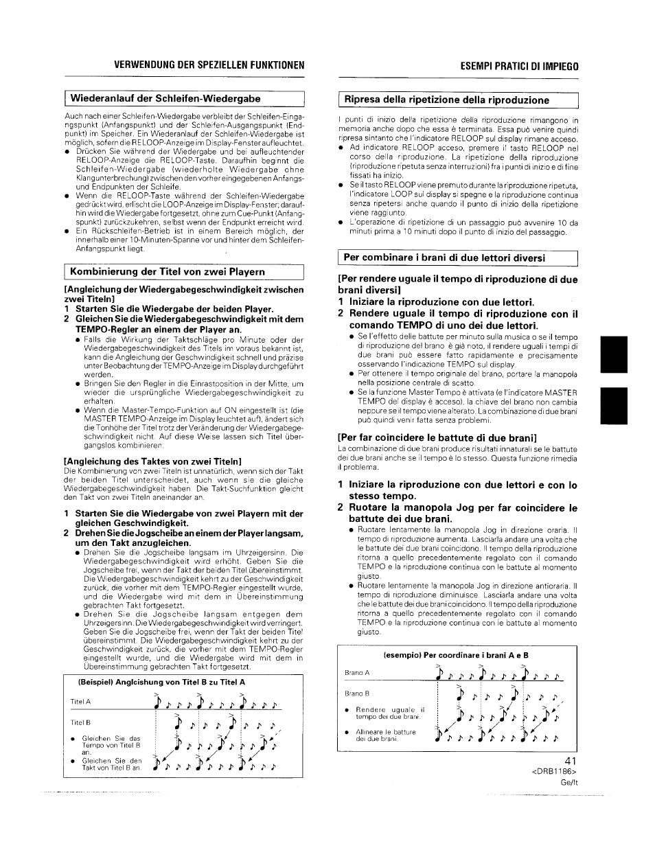 Wiederanlauf der schleifen-wiedergabe, Ripresa della ripetizione della riproduzione, 1 starten sie die wiedergabe der beiden player | 1 iniziare la riproduzione con due lettori, Per far coincidere le battute di due brani, Stoppen der schleifenwiedergabe, Jw' i- j' i' j | Pioneer CDJ-500II User Manual | Page 41 / 91