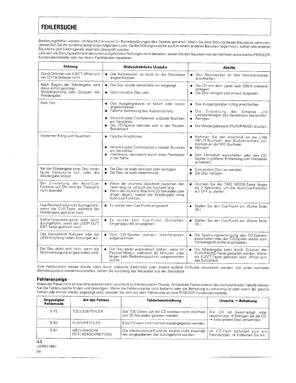 Fehleranzeige | Pioneer CDJ-500II User Manual | Page 44 / 91