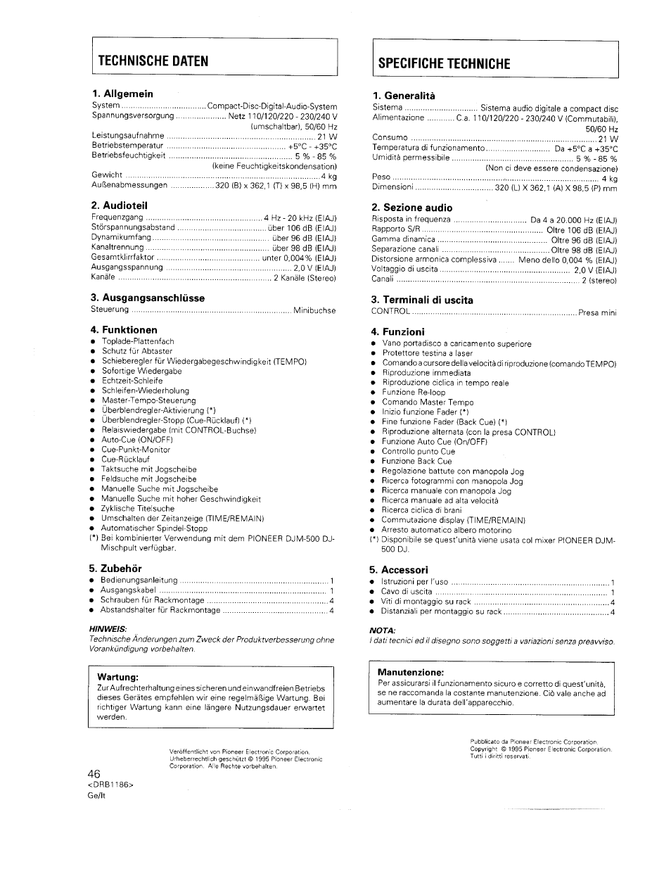 Wartung, Manutenzione, Allgemein | Audioteil, Ausgangsanschlüsse, Generalità, Sezione audio, Terminali di uscita, Funktionen, Zubehör | Pioneer CDJ-500II User Manual | Page 46 / 91