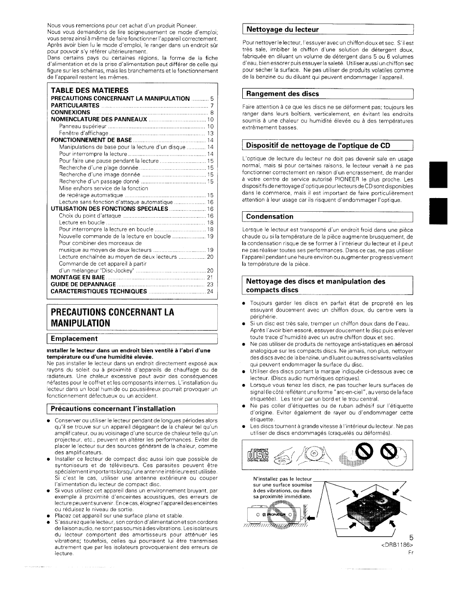 Nettoyage du lecteur table des matieres, Emplacement, Précautions concernant l'installation | Rangement des dises, Dispositif de nettoyage de l'optique de cd, Condensation | Pioneer CDJ-500II User Manual | Page 5 / 91