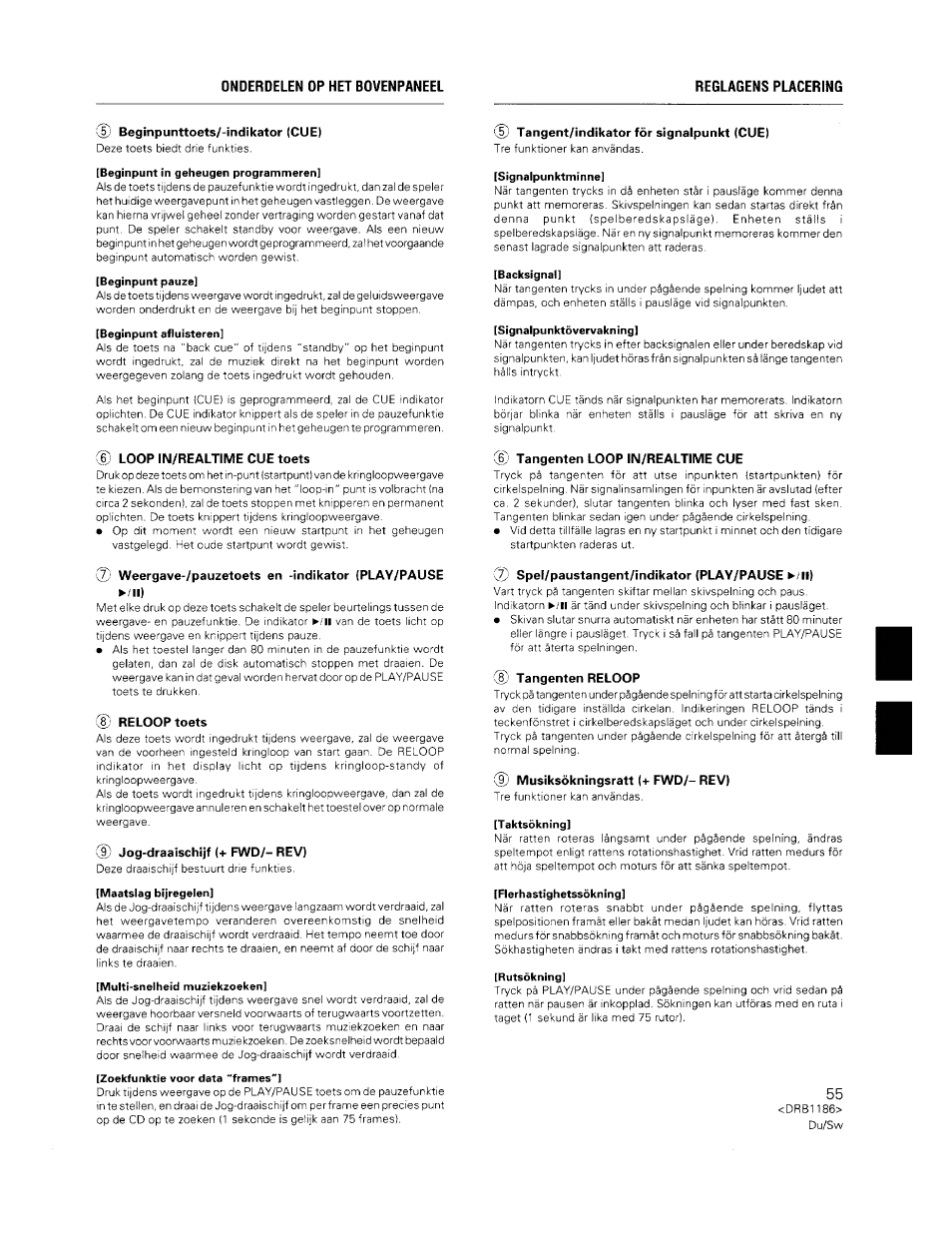 Beginpunttoetsz-indikator (cue), 4^ tangent/indikator för signalpunkt (cue), E; loop in/realtime cue toets | Weergave-zpauzetoets en -indikator (playzpause, Re loop toets, Jog-draaischijf (+ fwdz- rev), 6j tangenten loop inzrealtime cue, Spelzpaustangentzindikator (playzpause ►/!!), Tangenten reloop, Musiksökningsratt (+ fwdz- rev) | Pioneer CDJ-500II User Manual | Page 55 / 91