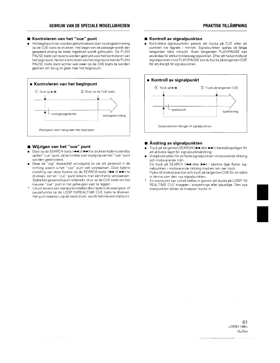 Kontroleren van het "cue" punt, Kontroll av signalpunkten, Wijzigen van het "cue" punt | Ändring av signaipunkten | Pioneer CDJ-500II User Manual | Page 61 / 91