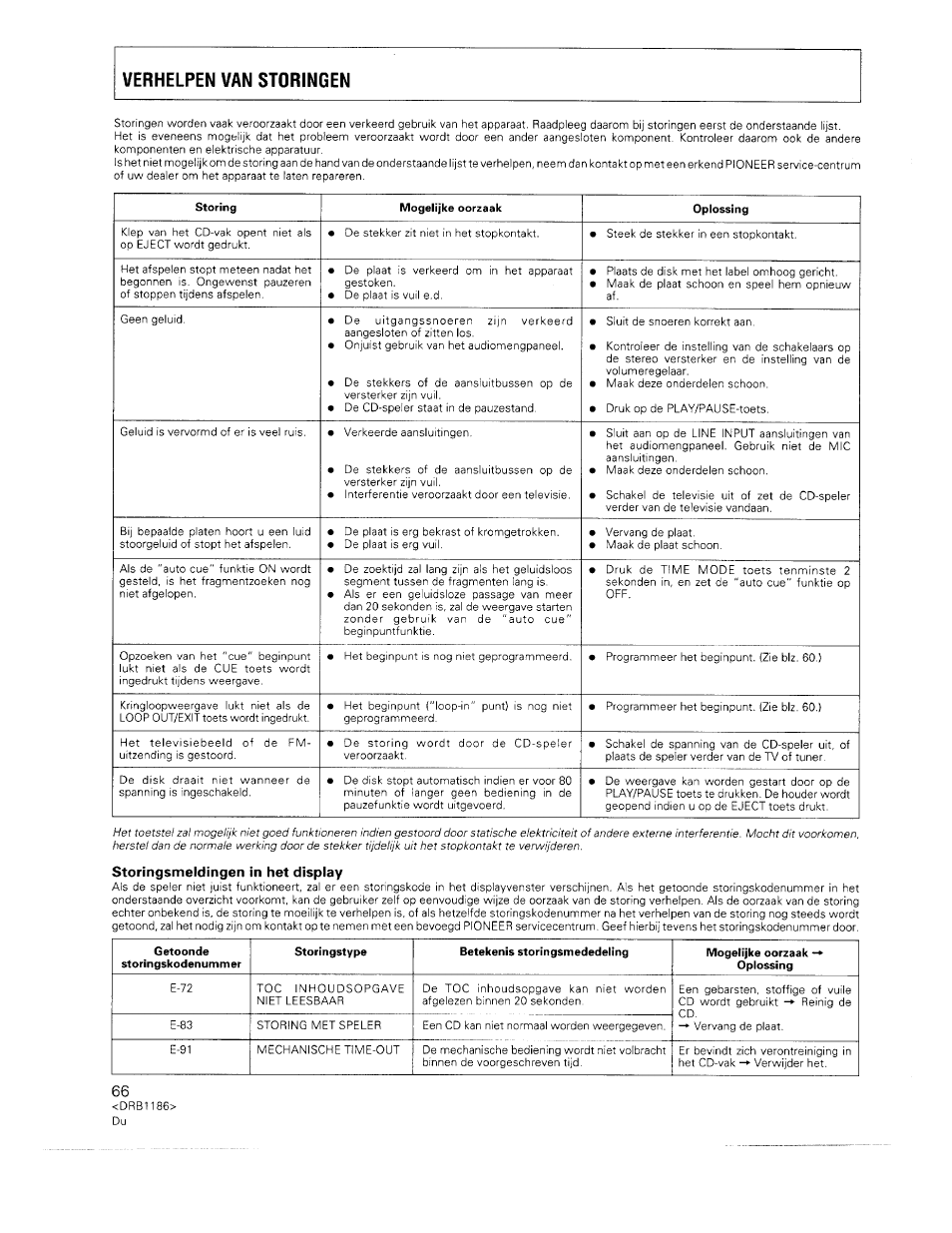 Verhelfen van storingen, Storingsmeldingen in het display, Verhelpen van storingen | Pioneer CDJ-500II User Manual | Page 66 / 91