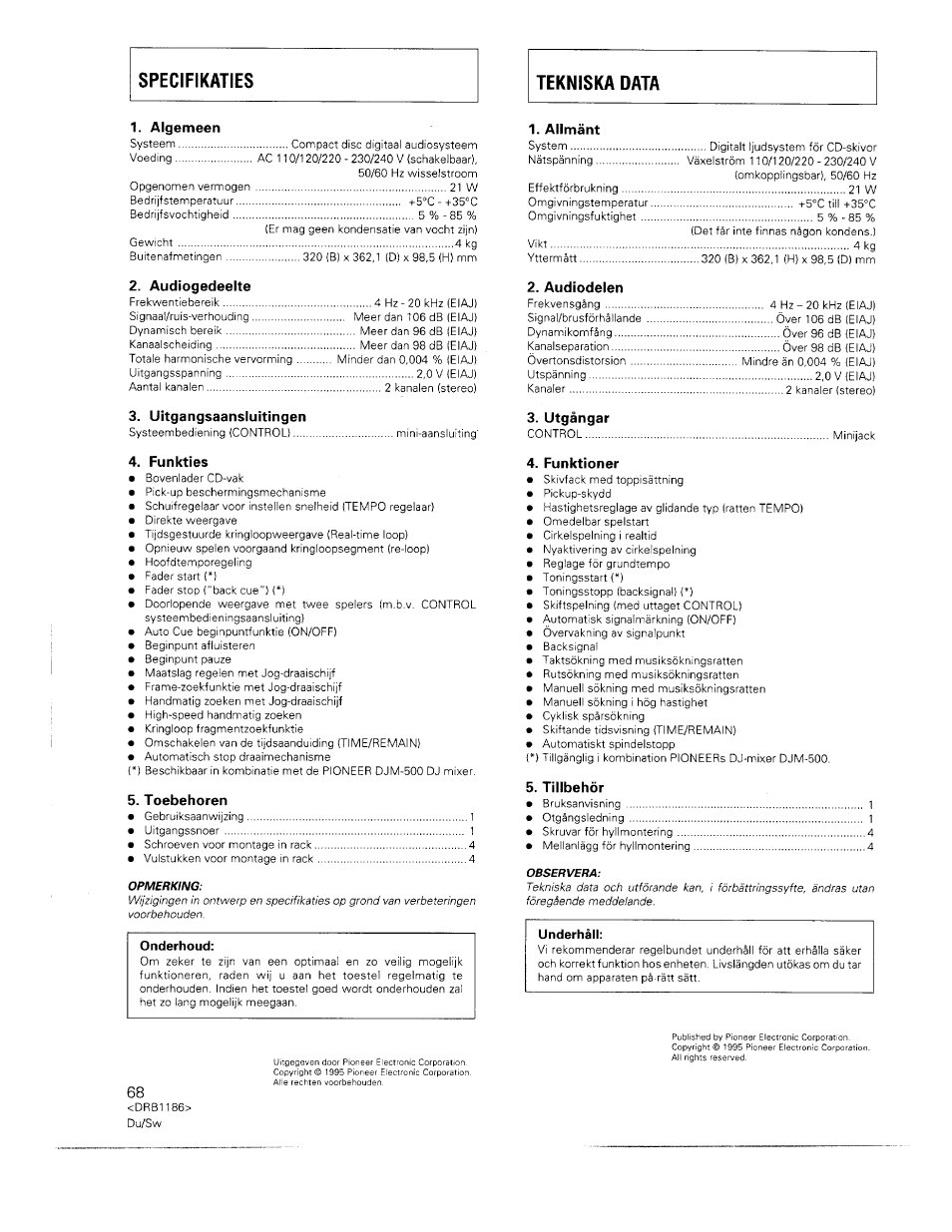 Onderhoud, Underhall | Pioneer CDJ-500II User Manual | Page 68 / 91