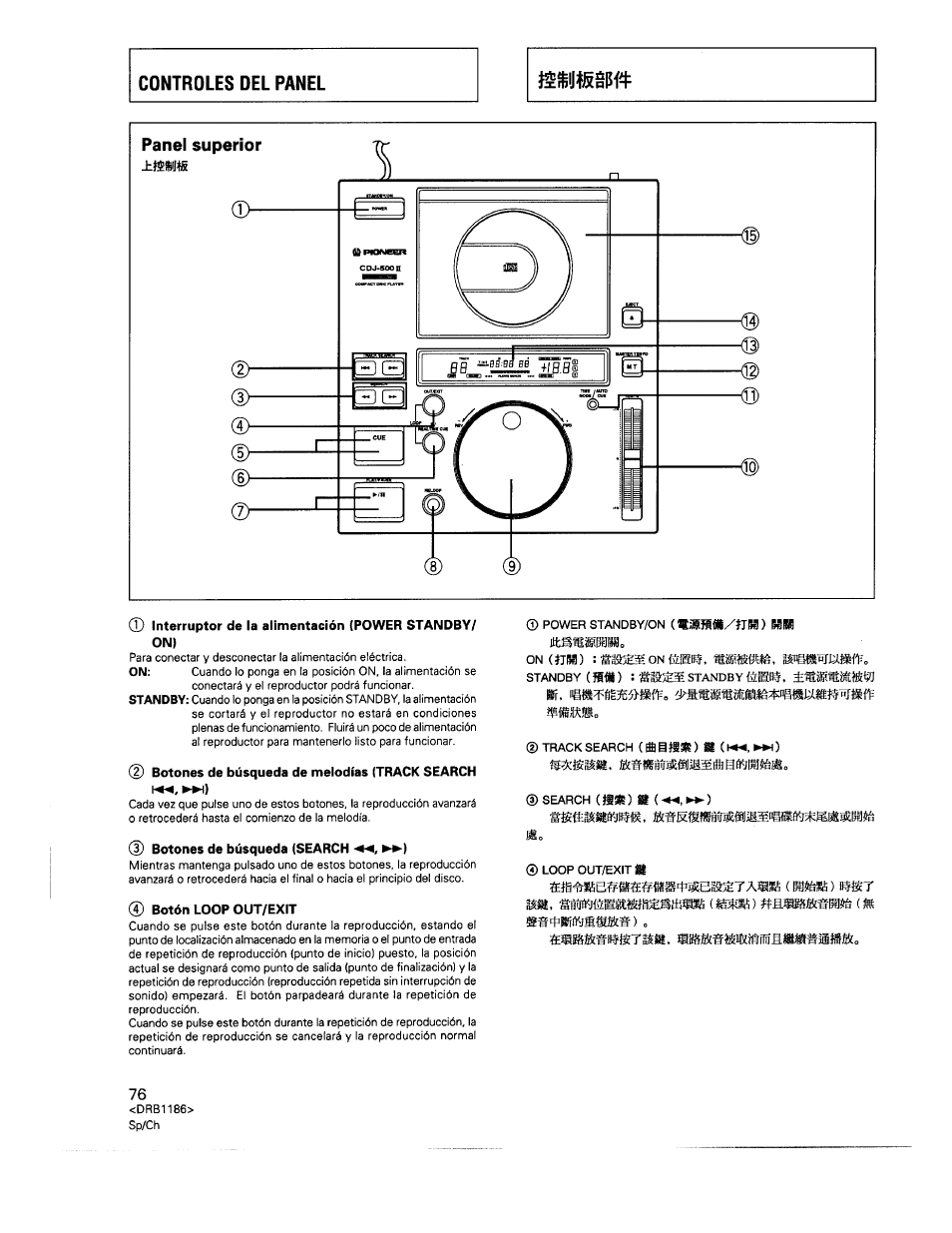 Interruptor de la alimentación (power standby/ on), D) botones de búsqueda (search »-), Botón loop out/exit | Pioneer CDJ-500II User Manual | Page 76 / 91