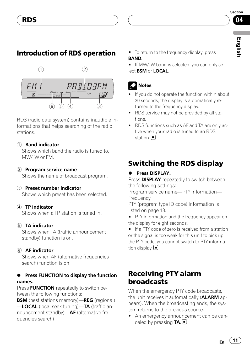 Rds introduction of rds operation, Switching the rds display, Receiving pty alarm broadcasts | Introduction of rds operation | Pioneer DEH-P5900MP User Manual | Page 11 / 95