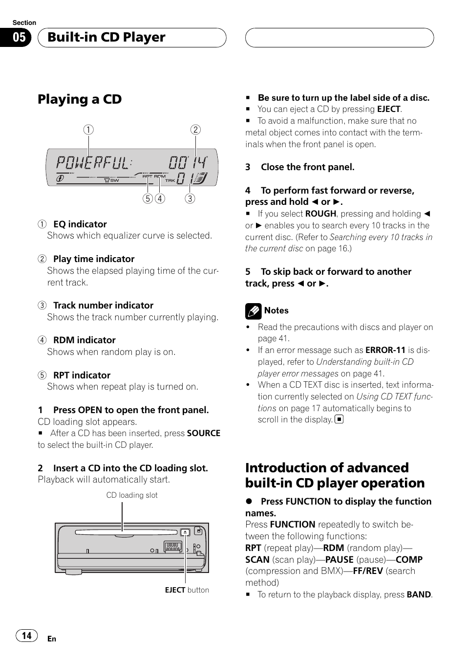 Built-in cd player playing a cd, Introduction of advanced built-in cd player, Operation | Playing a cd, Built-in cd player | Pioneer DEH-P5900MP User Manual | Page 14 / 95