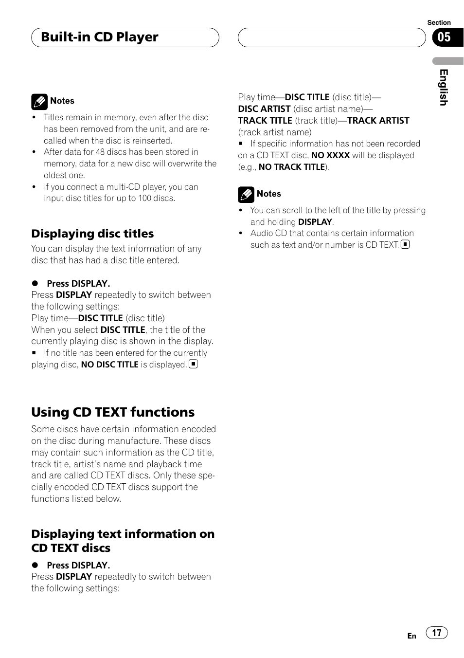 Displaying disc titles 17, Using cd text functions, Displaying text information on cd text | Discs, Built-in cd player, Displaying disc titles, Displaying text information on cd text discs | Pioneer DEH-P5900MP User Manual | Page 17 / 95