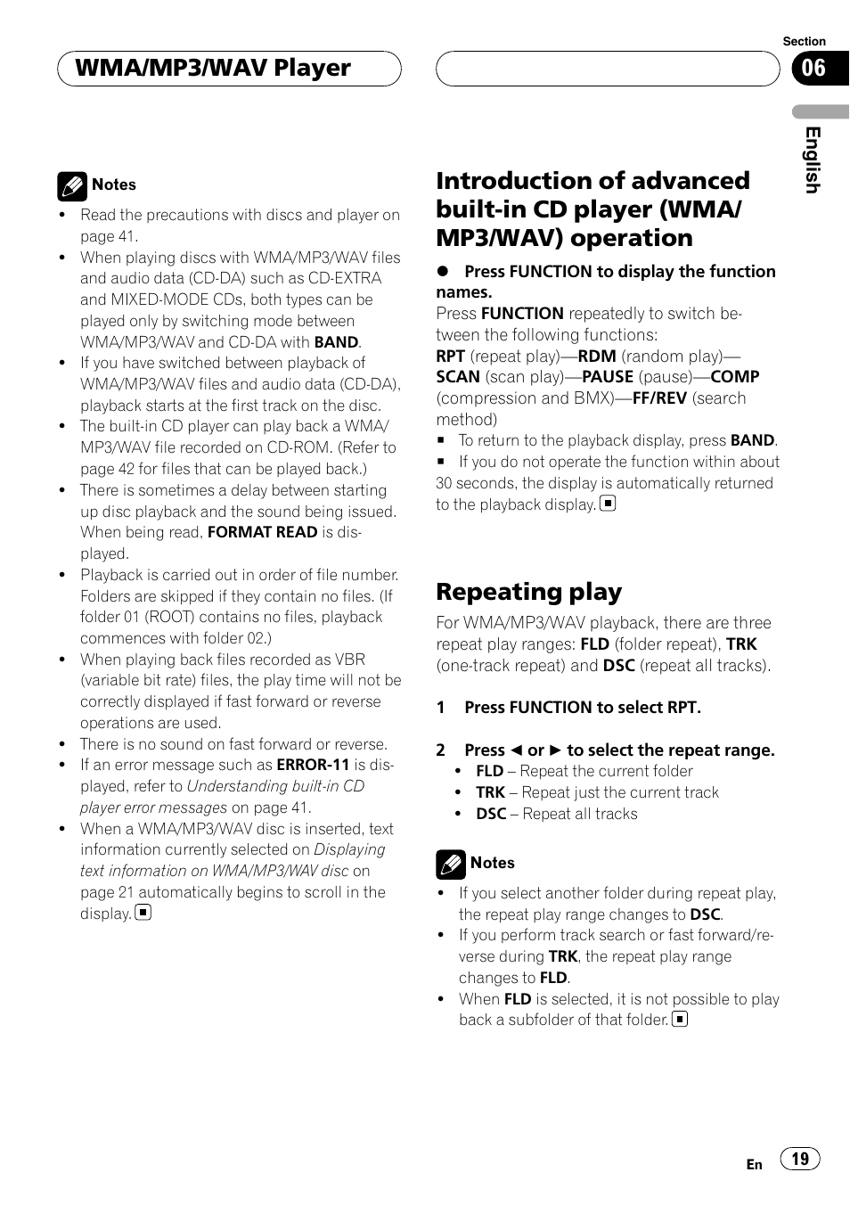 Introduction of advanced built-in cd player, Wma/mp3/wav) operation, Repeating play | Wma/mp3/wav player | Pioneer DEH-P5900MP User Manual | Page 19 / 95