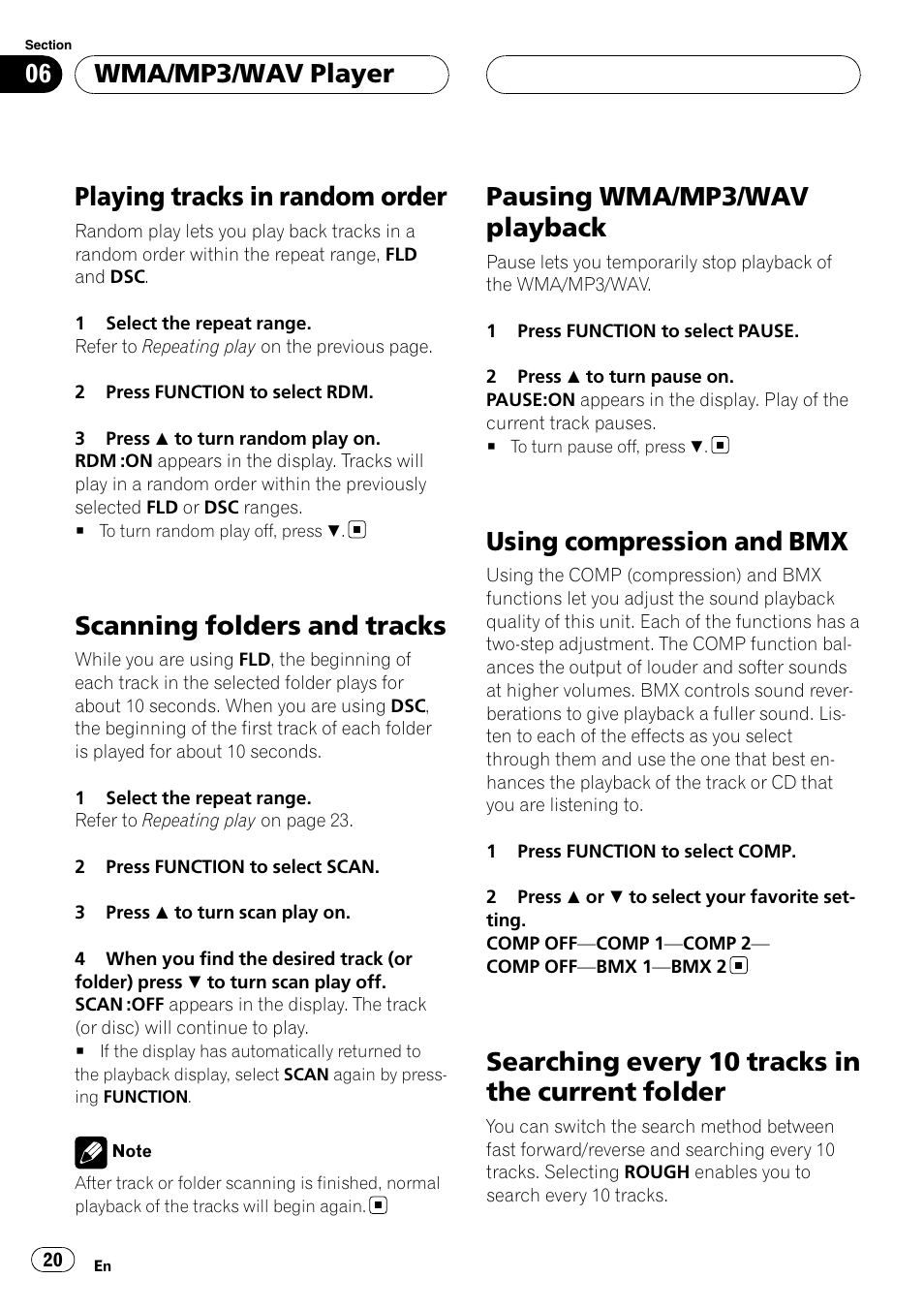 Playing tracks in random order, Scanning folders and tracks, Pausing wma/mp3/wav playback | Using compression and bmx, Searching every 10 tracks in the current, Folder, Searching every 10 tracks in the current folder, Wma/mp3/wav player | Pioneer DEH-P5900MP User Manual | Page 20 / 95