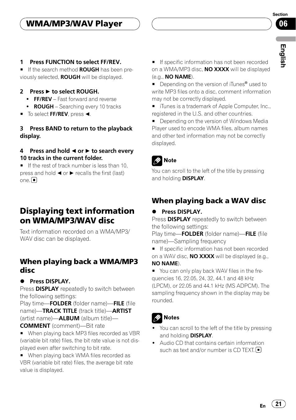 Displaying text information on wma/mp3, Wav disc, When playing back a wma/mp3 | Disc, When playing back a wav disc 21, Displaying text information on wma/mp3/wav disc, Wma/mp3/wav player, When playing back a wma/mp3 disc, When playing back a wav disc | Pioneer DEH-P5900MP User Manual | Page 21 / 95