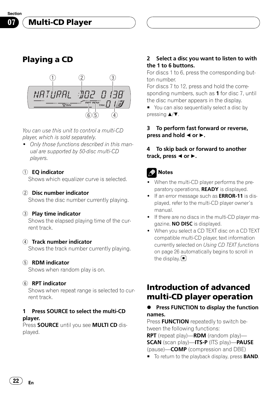 Multi-cd player playing a cd, Introduction of advanced multi-cd player, Operation | Playing a cd, Introduction of advanced multi-cd player operation, Multi-cd player | Pioneer DEH-P5900MP User Manual | Page 22 / 95