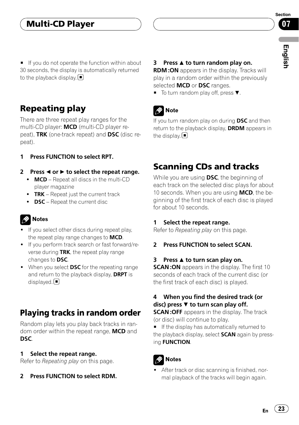 Repeating play, Playing tracks in random order, Scanning cds and tracks | Multi-cd player | Pioneer DEH-P5900MP User Manual | Page 23 / 95