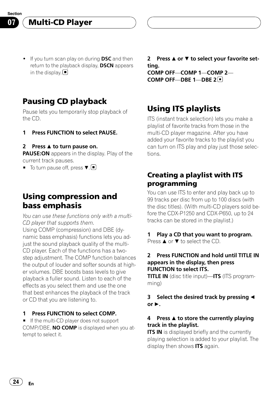Pausing cd playback, Using compression and bass emphasis, Using its playlists | Creating a playlist with its, Programming, Multi-cd player | Pioneer DEH-P5900MP User Manual | Page 24 / 95