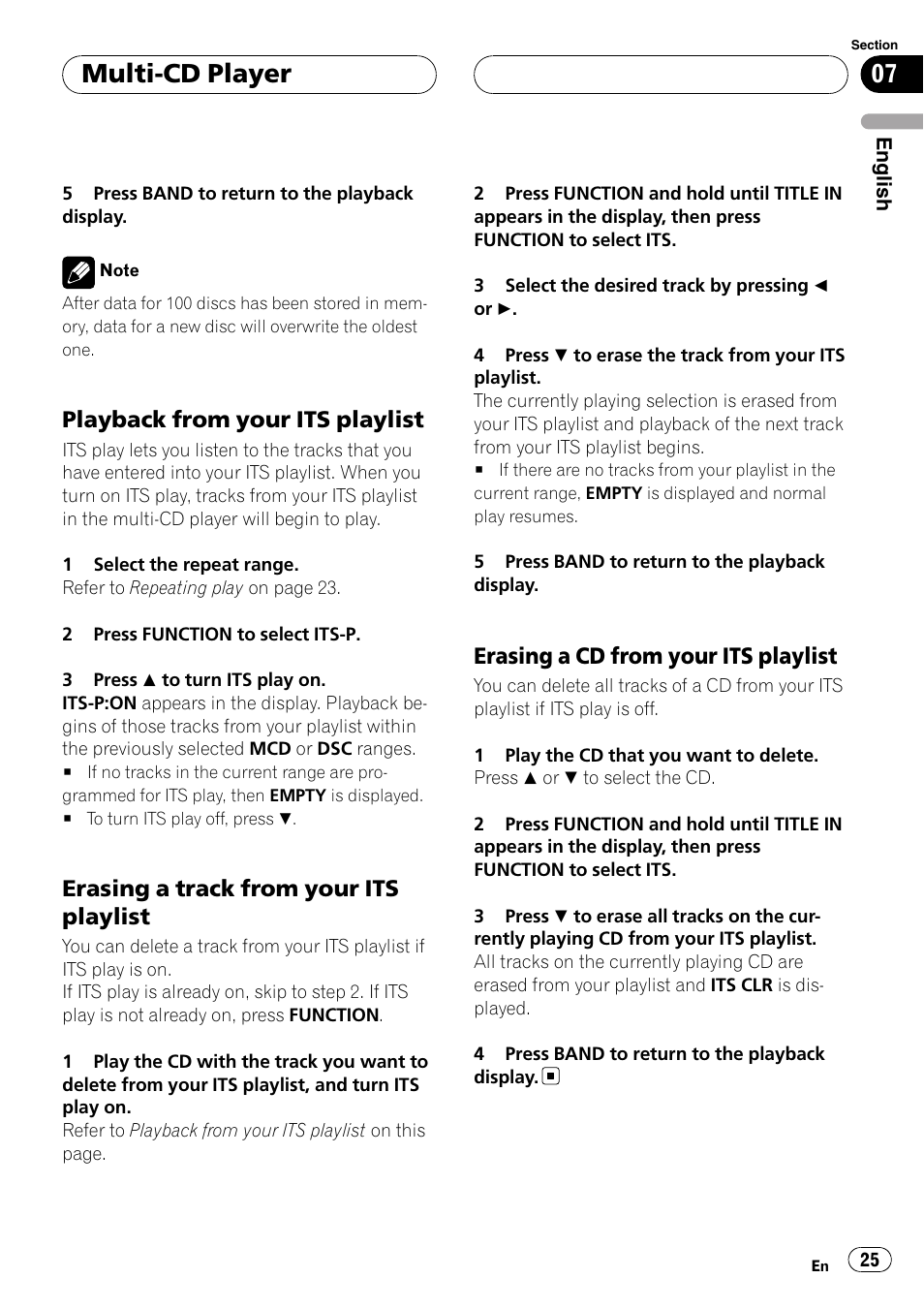 Playback from your its playlist 25, Erasing a track from your its, Playlist | Erasing a cd from your its playlist 25, Multi-cd player, Playback from your its playlist, Erasing a track from your its playlist, Erasing a cd from your its playlist | Pioneer DEH-P5900MP User Manual | Page 25 / 95