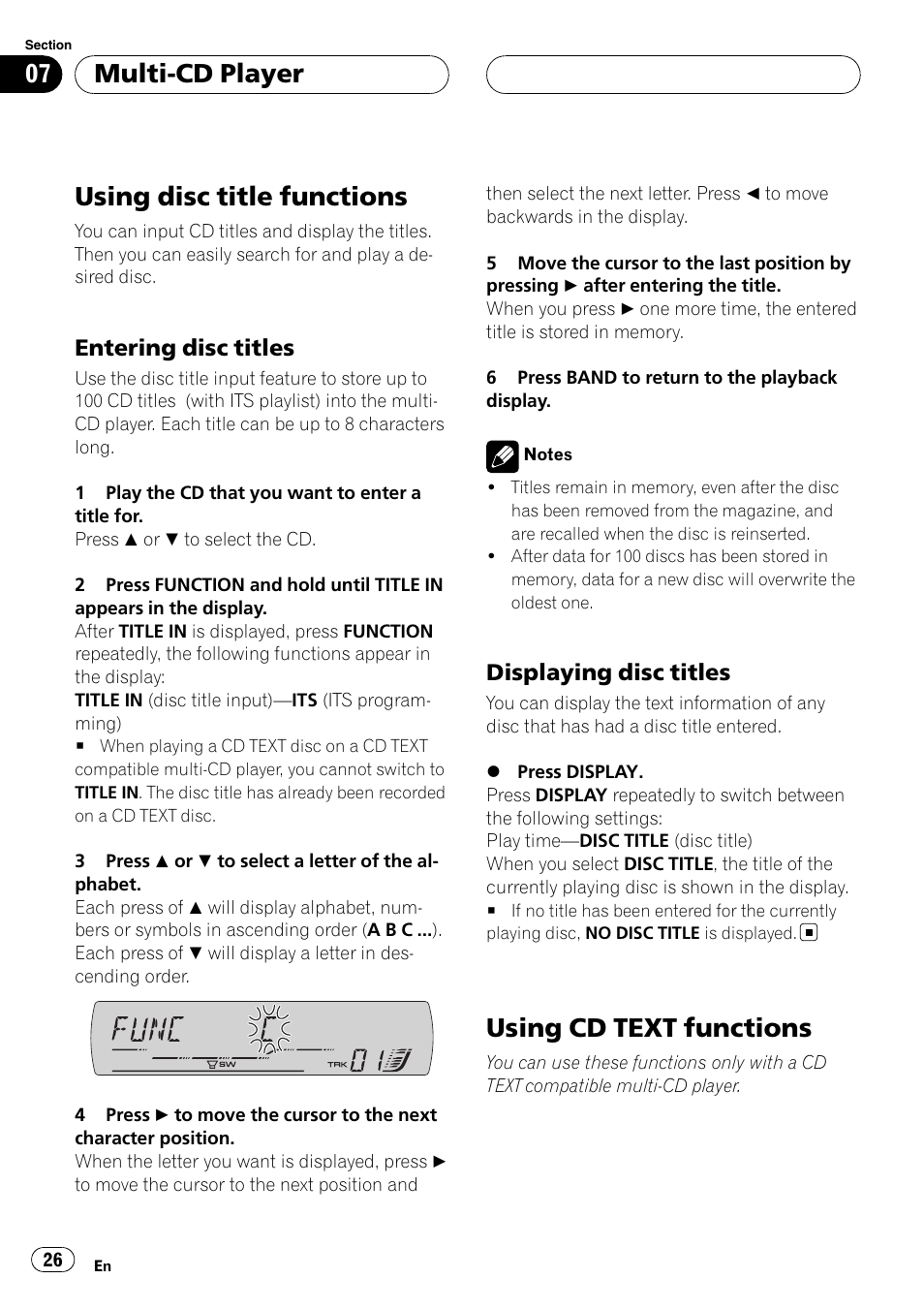 Using disc title functions, Entering disc titles 26, Displaying disc titles 26 | Using cd text functions, Multi-cd player, Entering disc titles, Displaying disc titles | Pioneer DEH-P5900MP User Manual | Page 26 / 95