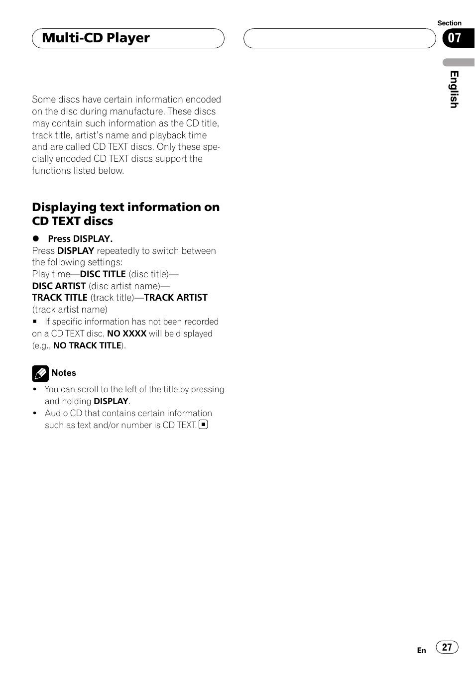 Displaying text information on cd text, Discs, Multi-cd player | Displaying text information on cd text discs | Pioneer DEH-P5900MP User Manual | Page 27 / 95