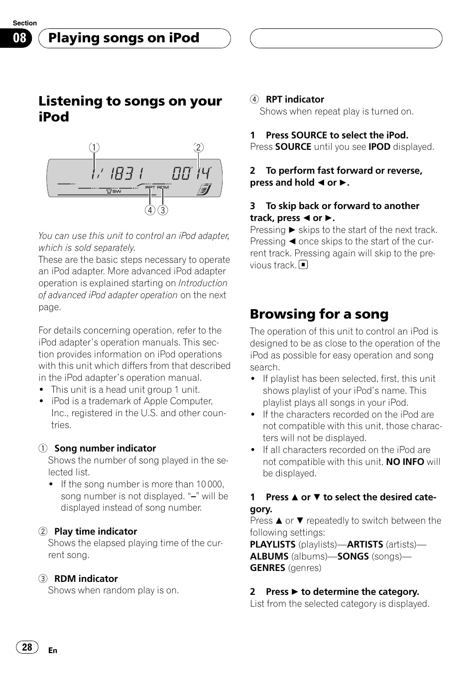 Browsing for a song, Listening to songs on your ipod, Playing songs on ipod | Pioneer DEH-P5900MP User Manual | Page 28 / 95