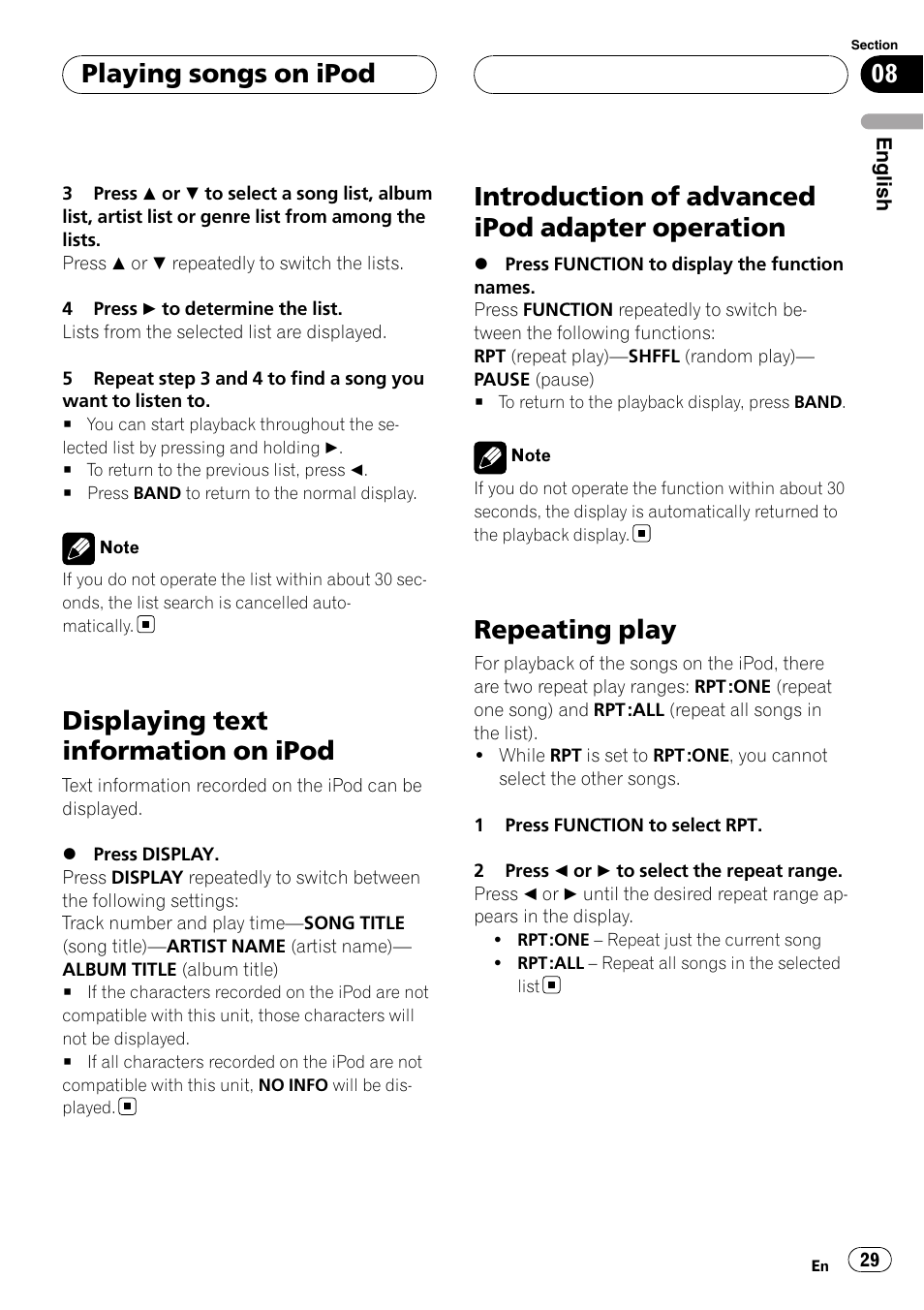 Displaying text information on ipod, Introduction of advanced ipod adapter, Operation | Repeating play, Introduction of advanced ipod adapter operation, Playing songs on ipod | Pioneer DEH-P5900MP User Manual | Page 29 / 95