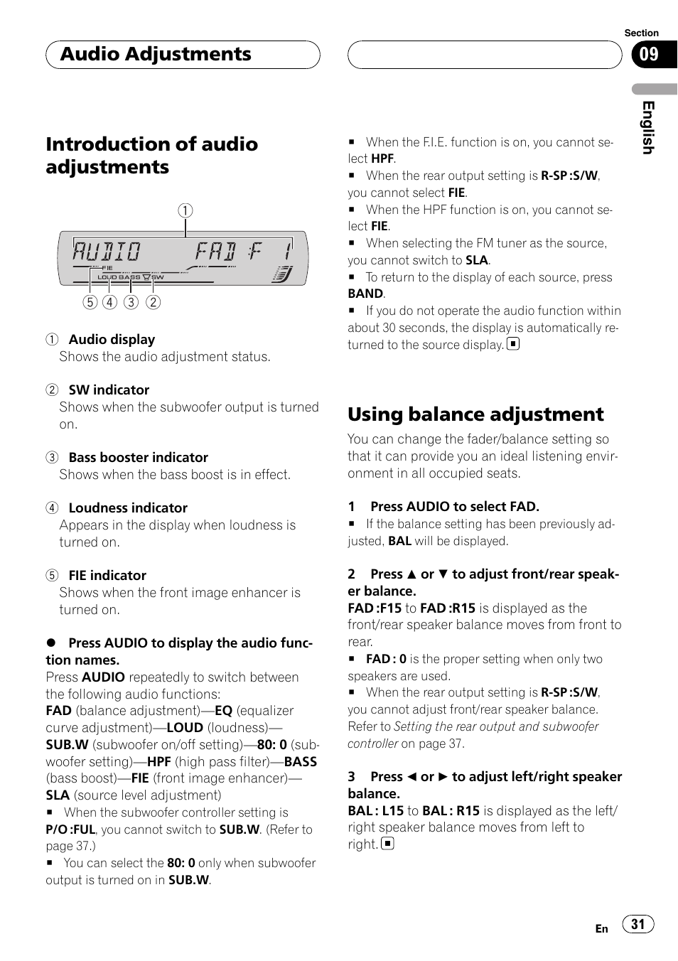 Using balance adjustment, Introduction of audio adjustments, Audio adjustments | Pioneer DEH-P5900MP User Manual | Page 31 / 95