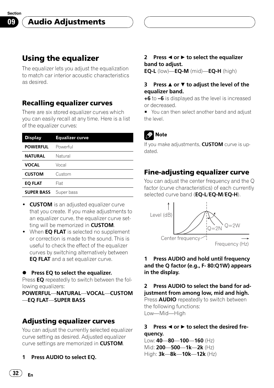 Using the equalizer, Recalling equalizer curves 32, Adjusting equalizer curves 32 | Fine-adjusting equalizer curve 32, Audio adjustments, Recalling equalizer curves, Adjusting equalizer curves, Fine-adjusting equalizer curve | Pioneer DEH-P5900MP User Manual | Page 32 / 95