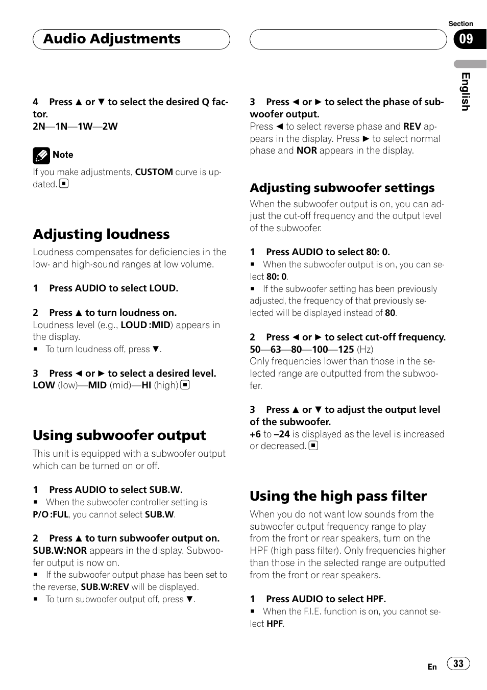 Adjusting loudness, Using subwoofer output, Adjusting subwoofer settings 33 | Using the high pass filter, Audio adjustments, Adjusting subwoofer settings | Pioneer DEH-P5900MP User Manual | Page 33 / 95