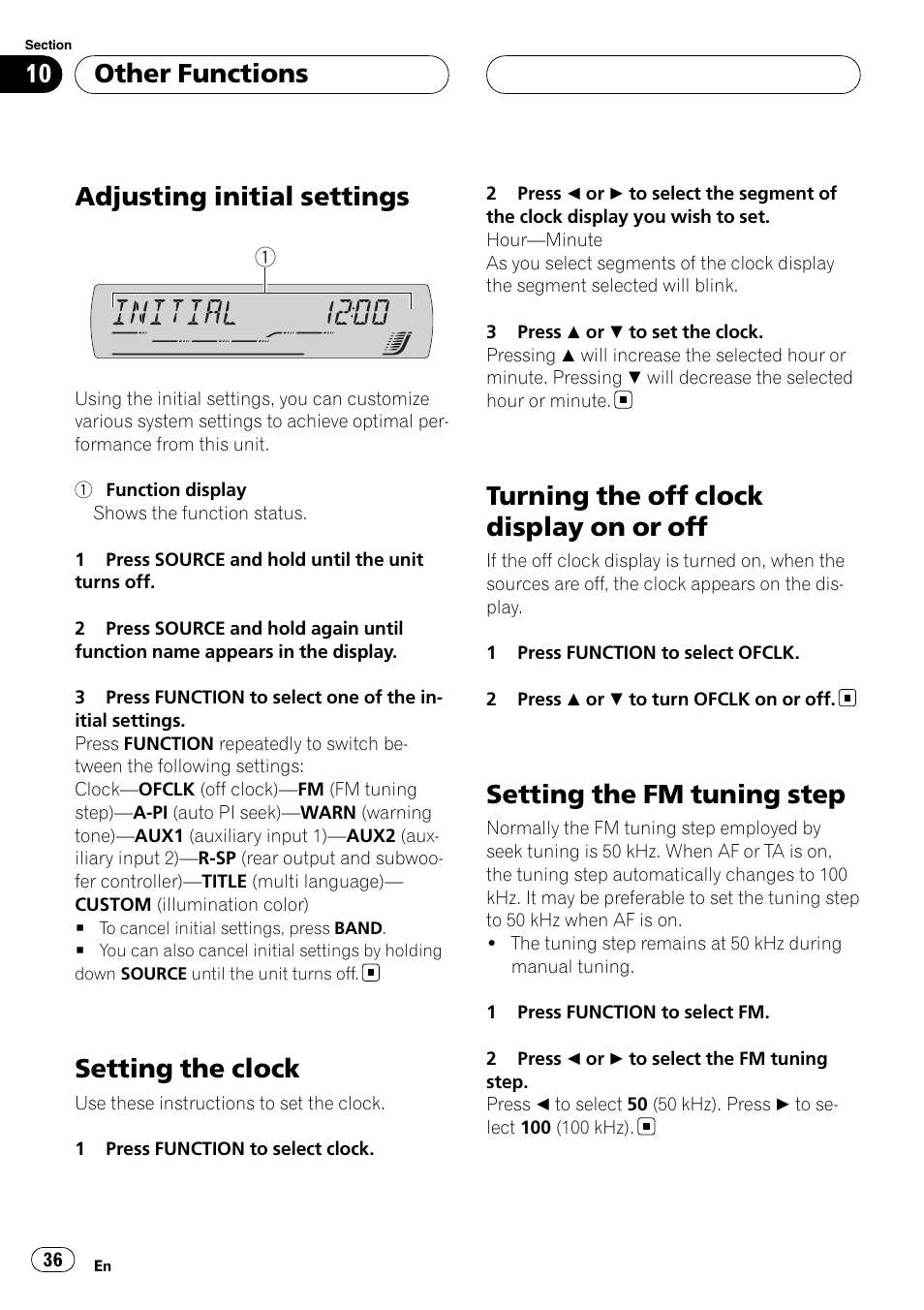 Other functions adjusting initial settings, Setting the clock, Turning the off clock display on or off | Setting the fm tuning step, Adjusting initial settings, Other functions | Pioneer DEH-P5900MP User Manual | Page 36 / 95