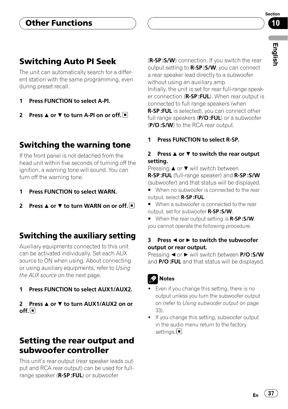 Switching auto pi seek, Switching the warning tone, Switching the auxiliary setting | Setting the rear output and subwoofer, Controller, Setting the rear output and subwoofer controller, Other functions | Pioneer DEH-P5900MP User Manual | Page 37 / 95