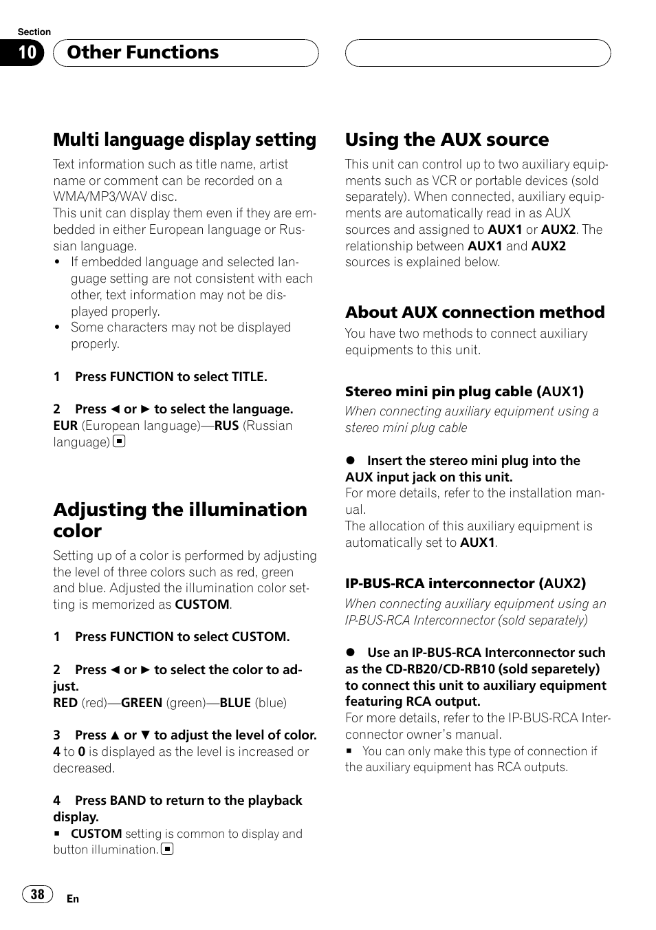 Multi language display setting, Adjusting the illumination color, Using the aux source | About aux connection method 38, Other functions | Pioneer DEH-P5900MP User Manual | Page 38 / 95