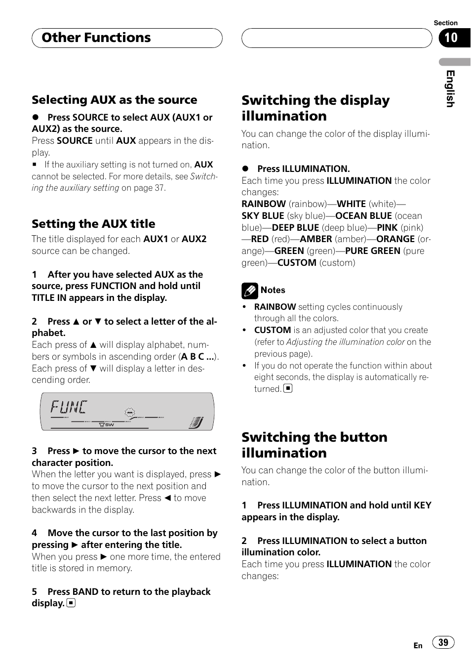 Selecting aux as the source 39, Setting the aux title 39, Switching the display illumination | Switching the button illumination, Other functions, Selecting aux as the source, Setting the aux title | Pioneer DEH-P5900MP User Manual | Page 39 / 95