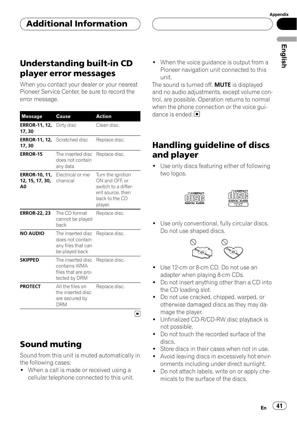 Messages, Sound muting, Handling guideline of discs and player | Understanding built-in cd player error messages, Additional information | Pioneer DEH-P5900MP User Manual | Page 41 / 95