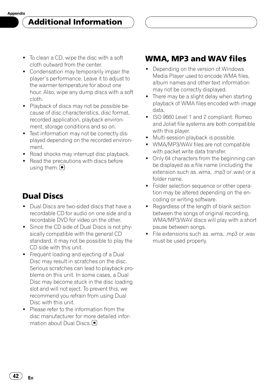 Dual discs, Wma, mp3 and wav files, Additional information | Pioneer DEH-P5900MP User Manual | Page 42 / 95