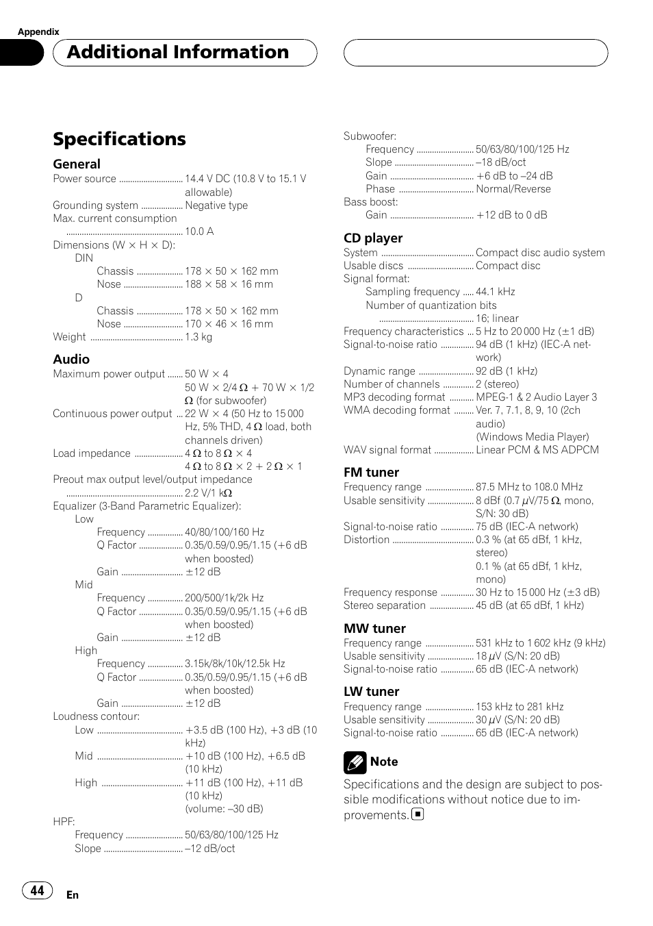 Specifications, Additional information | Pioneer DEH-P5900MP User Manual | Page 44 / 95