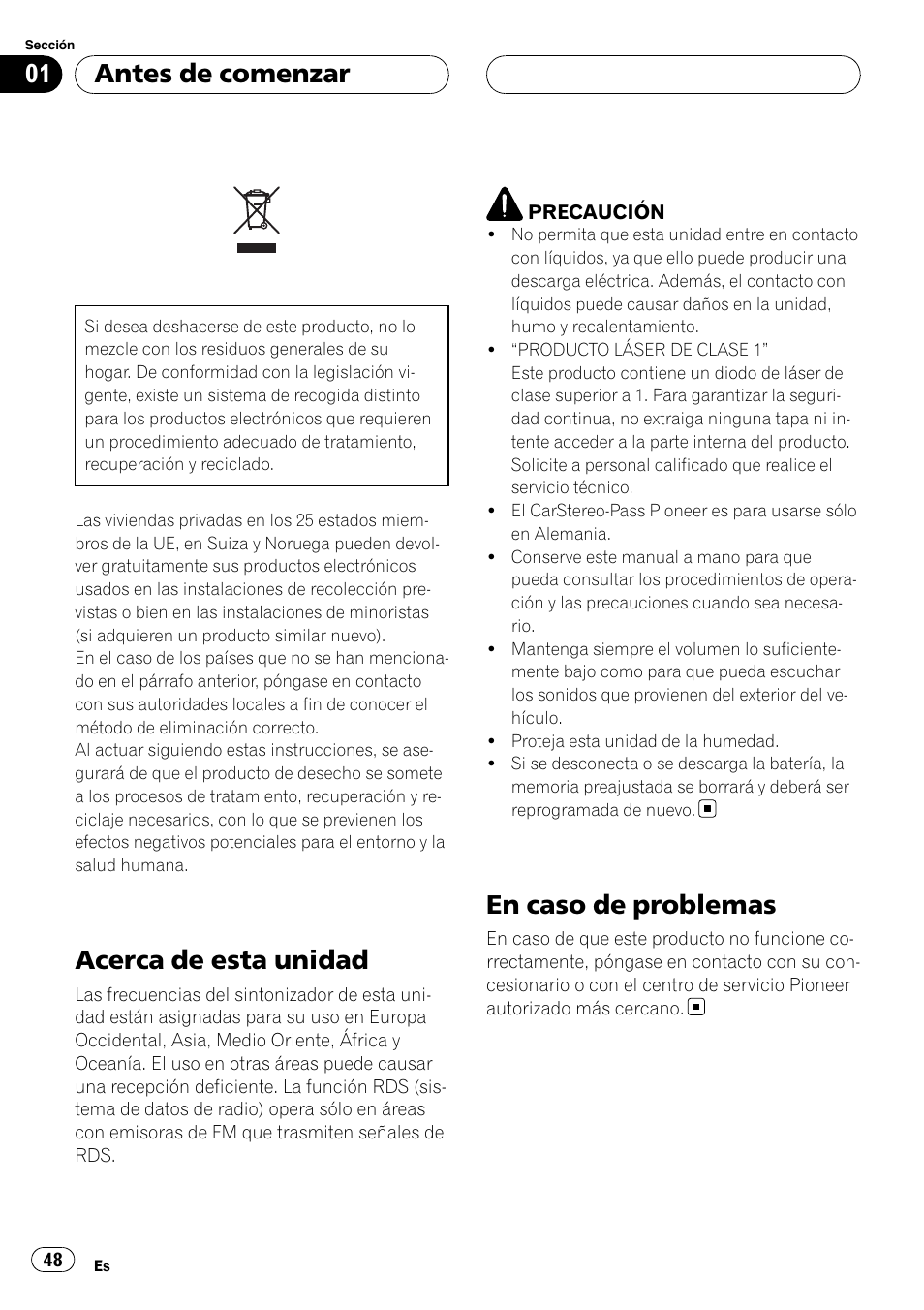 Antes de comenzar, Acerca de esta unidad, En caso de problemas | Pioneer DEH-P5900MP User Manual | Page 48 / 95