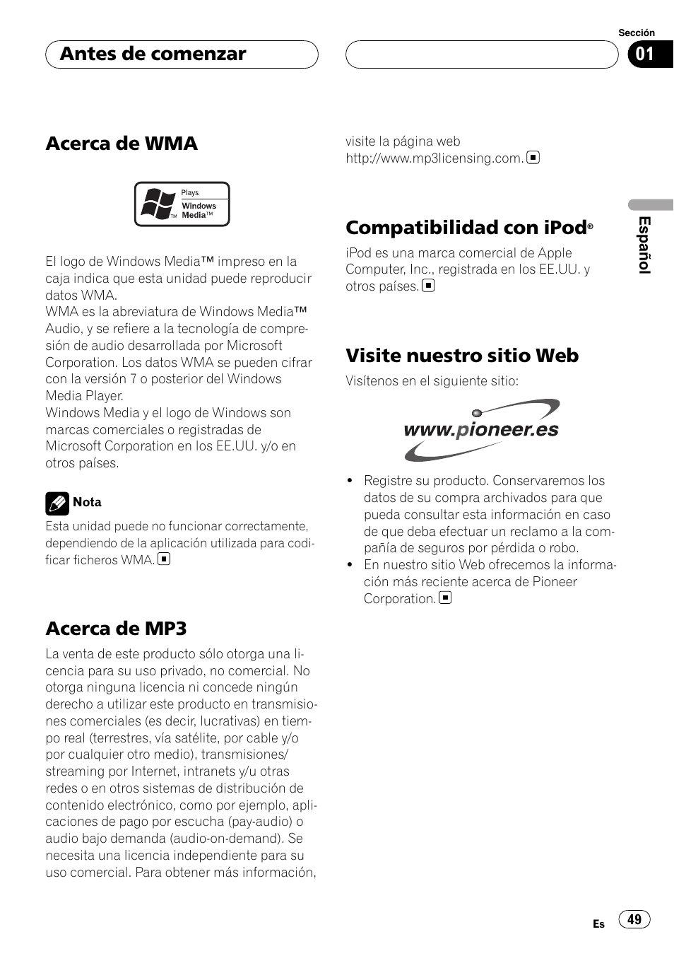 Acerca de wma, Acerca de mp3, Compatibilidad con ipod | Visite nuestro sitio web, Antes de comenzar | Pioneer DEH-P5900MP User Manual | Page 49 / 95