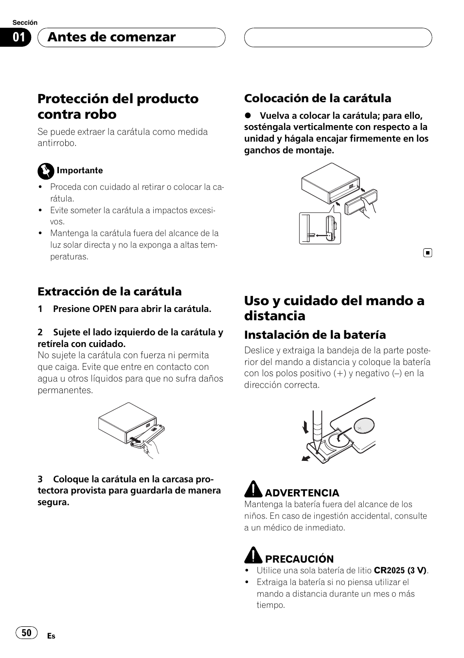Protección del producto contra robo, Extracción de la carátula 50, Colocación de la carátula 50 | Uso y cuidado del mando a distancia, Instalación de la batería 50, Antes de comenzar | Pioneer DEH-P5900MP User Manual | Page 50 / 95