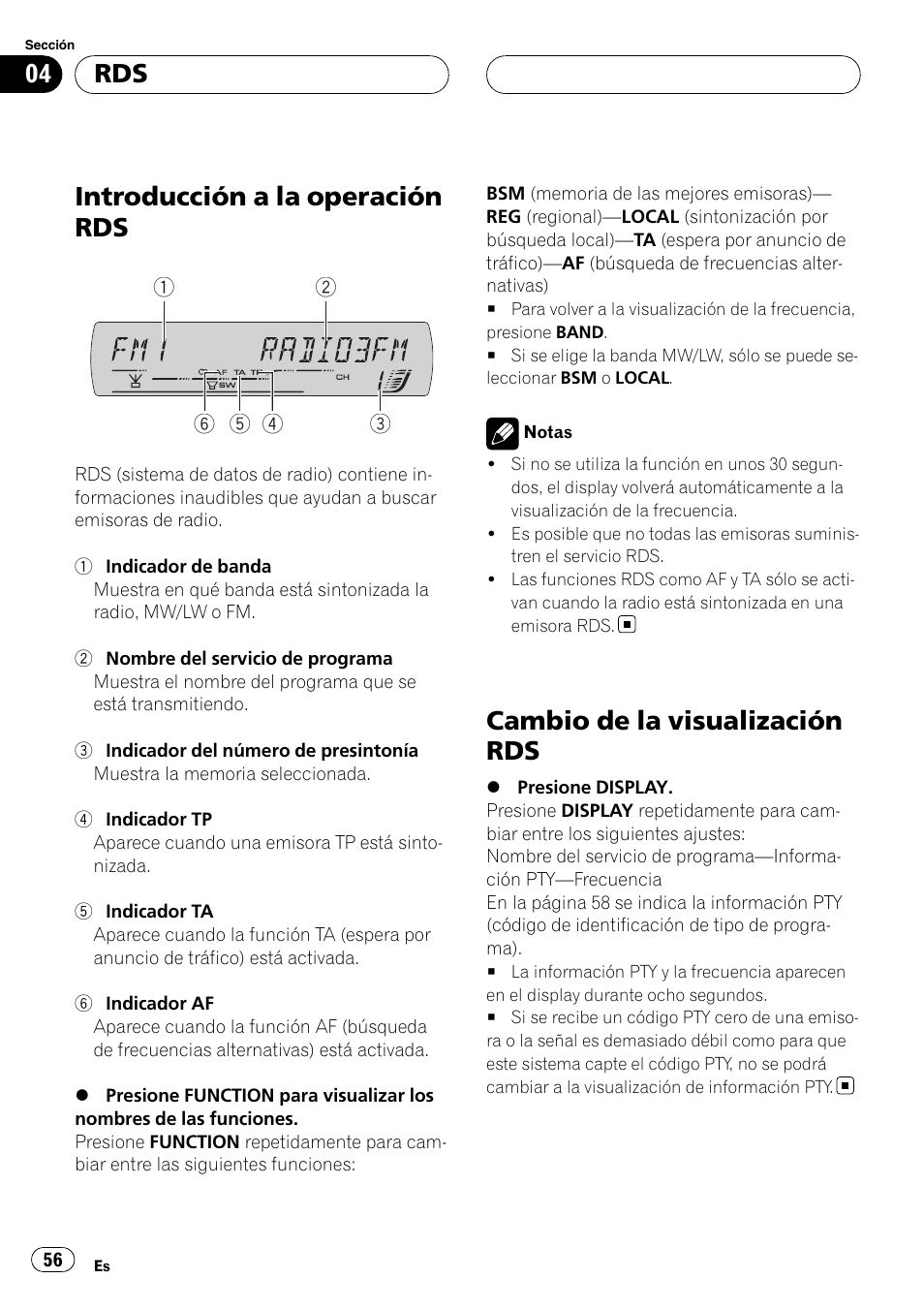 Rds introducción a la operación rds, Cambio de la visualización rds, Introducción a la operación rds | Pioneer DEH-P5900MP User Manual | Page 56 / 95