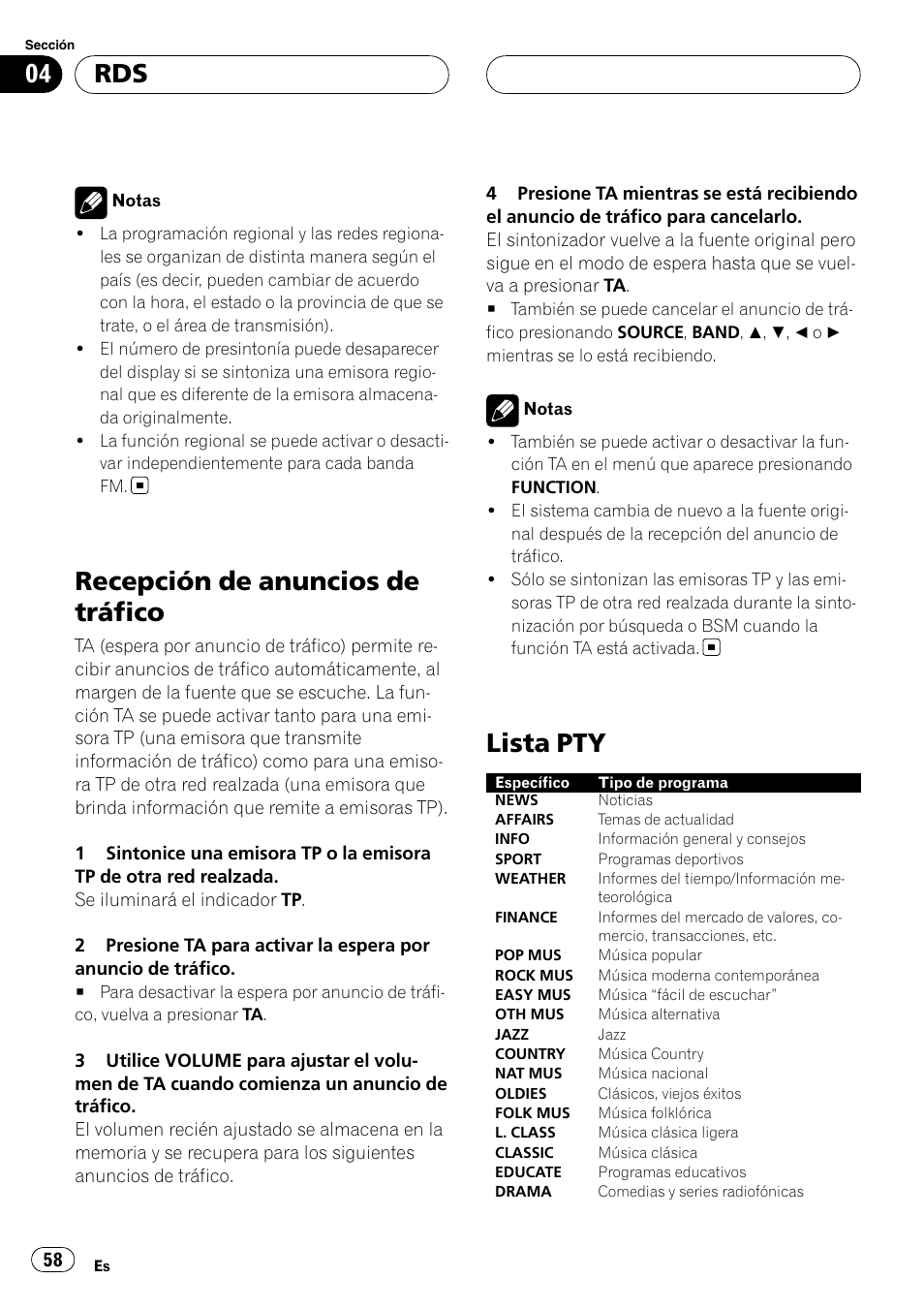 Recepción de anuncios de tráfico, Lista pty | Pioneer DEH-P5900MP User Manual | Page 58 / 95