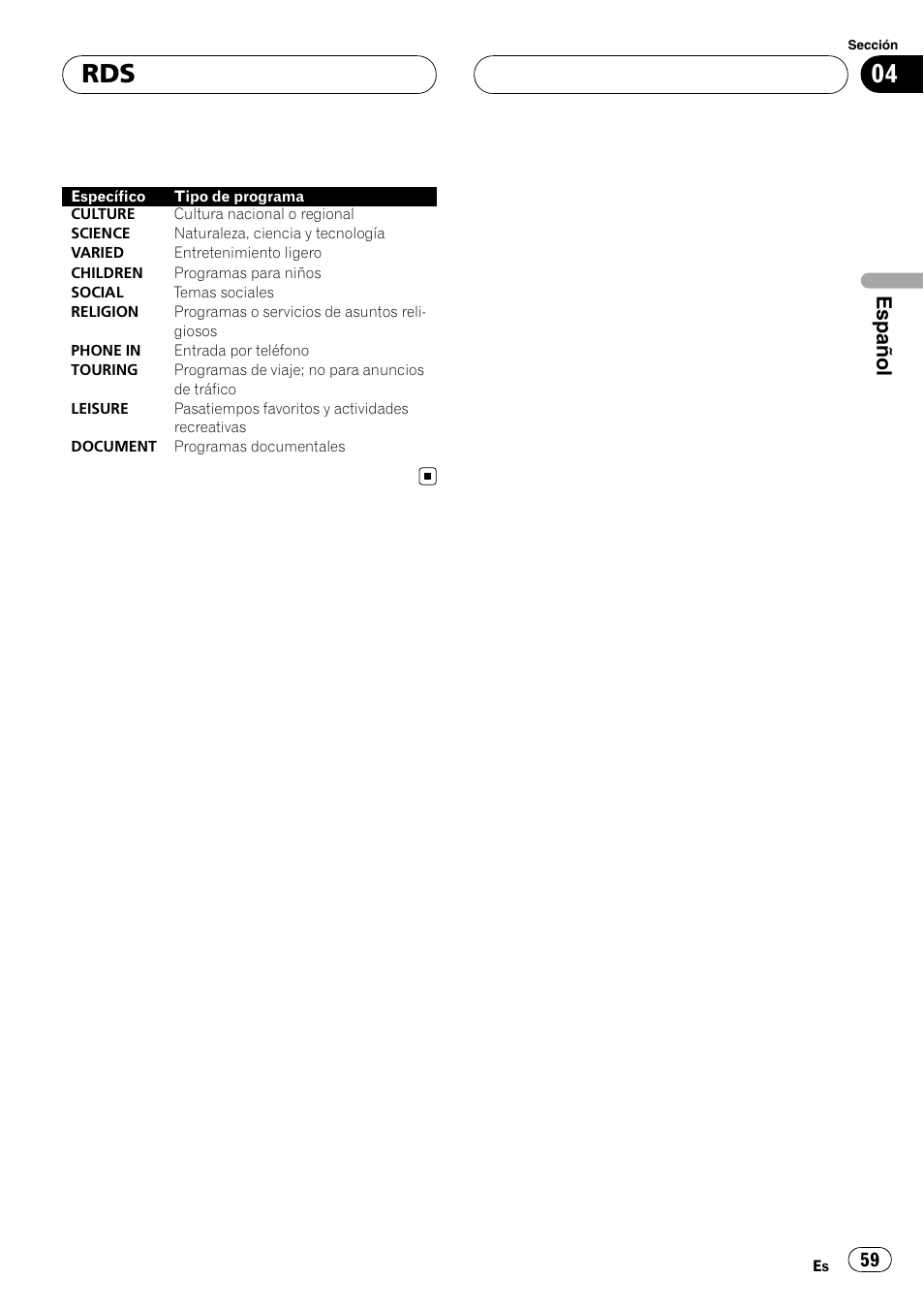 Español | Pioneer DEH-P5900MP User Manual | Page 59 / 95