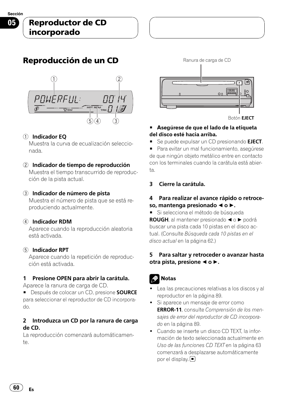 Reproducción de un cd, Reproductor de cd incorporado | Pioneer DEH-P5900MP User Manual | Page 60 / 95