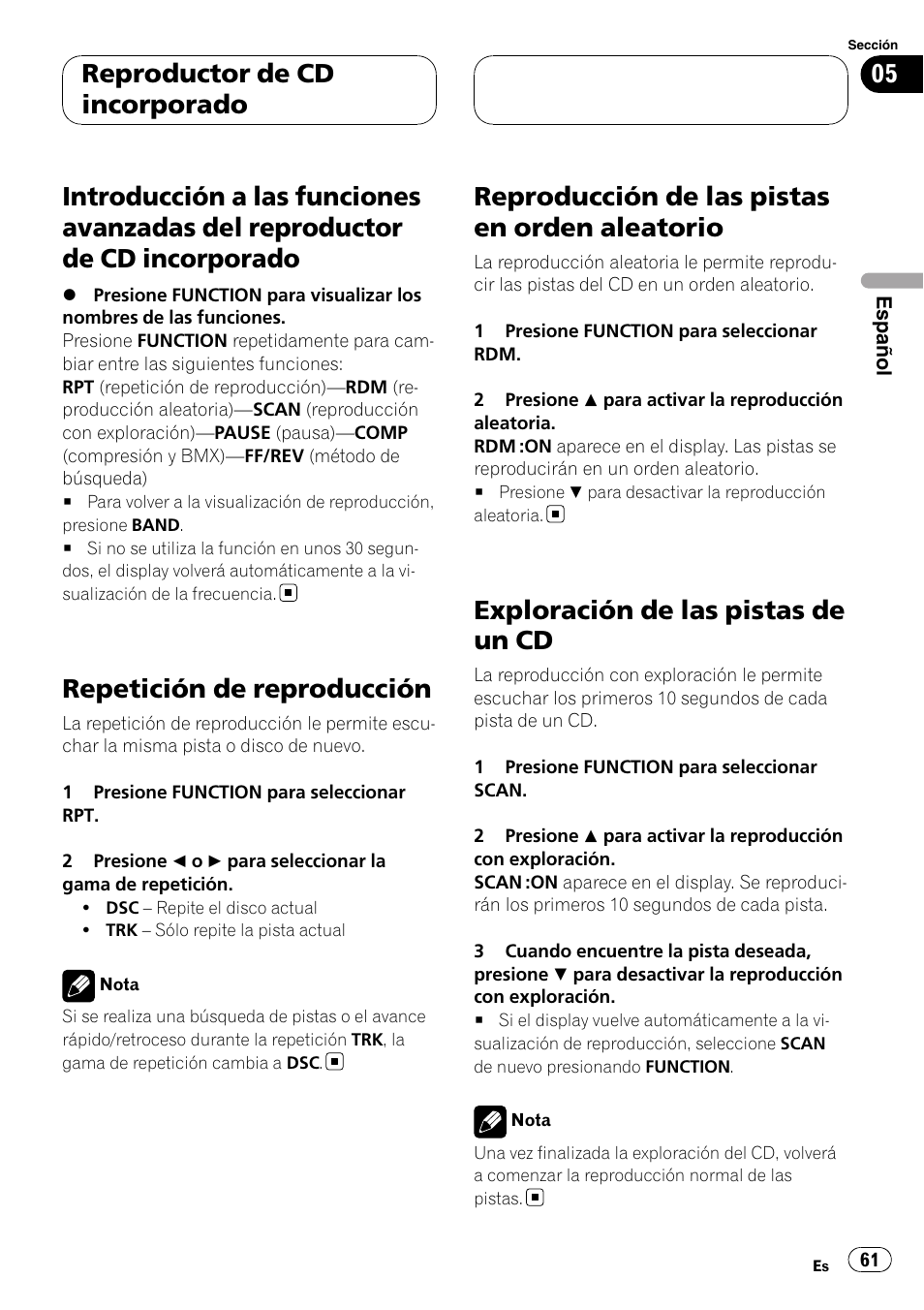 Introducción a las funciones avanzadas del, Reproductor de cd incorporado, Repetición de reproducción | Reproducción de las pistas en orden, Aleatorio, Exploración de las pistas de un cd, Reproducción de las pistas en orden aleatorio | Pioneer DEH-P5900MP User Manual | Page 61 / 95