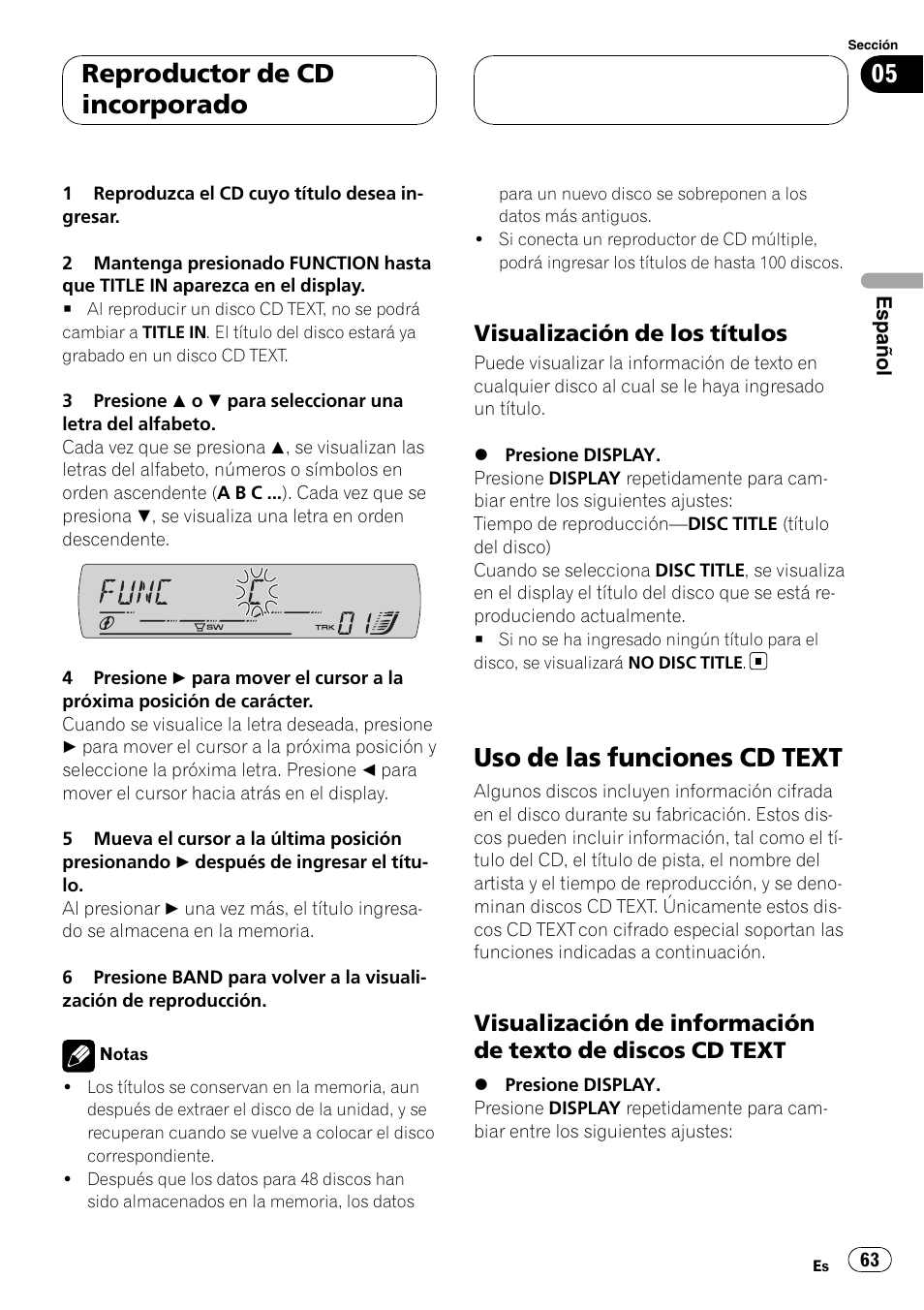 Visualización de los títulos 63, Uso de las funciones cd text, Visualización de información de texto | De discos cd text, Reproductor de cd incorporado, Visualización de los títulos | Pioneer DEH-P5900MP User Manual | Page 63 / 95