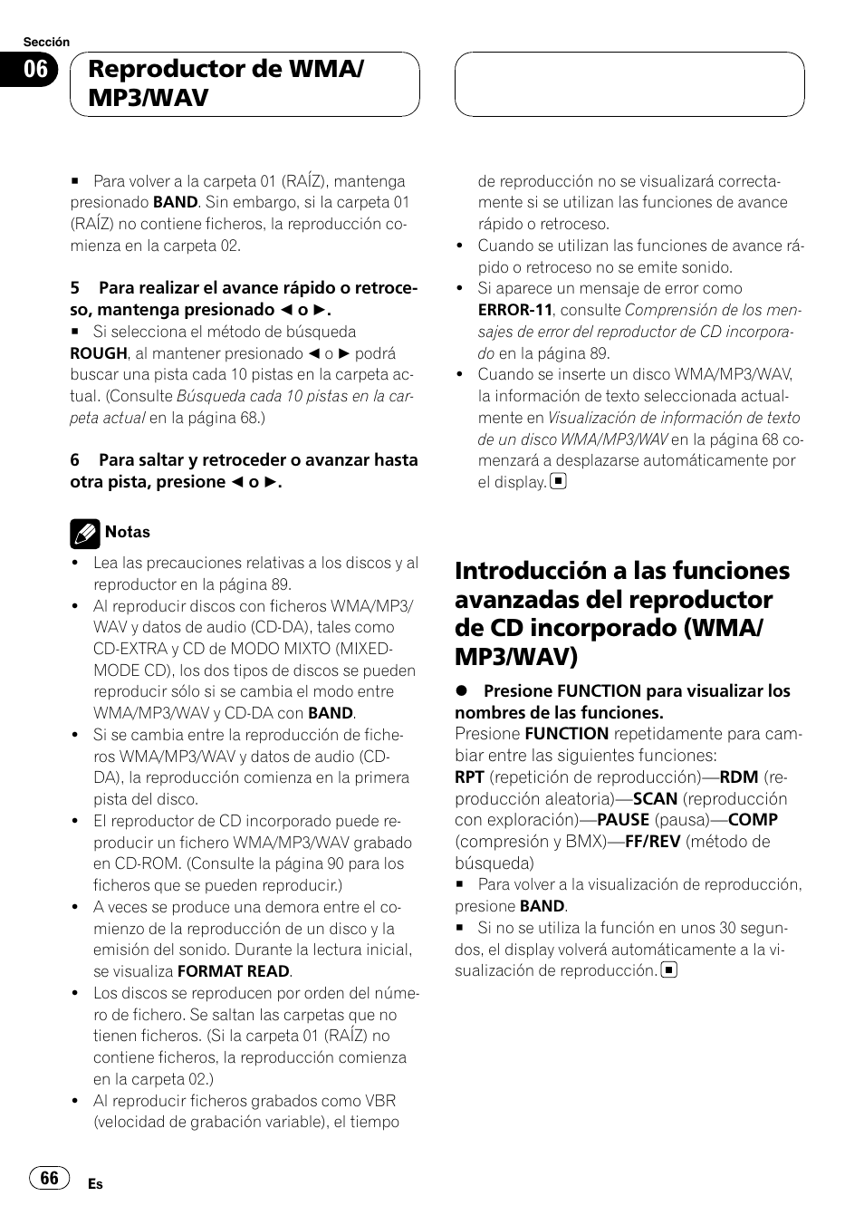 Introducción a las funciones avanzadas del, Reproductor de cd incorporado (wma/ mp3/wav), Reproductor de wma/ mp3/wav | Pioneer DEH-P5900MP User Manual | Page 66 / 95