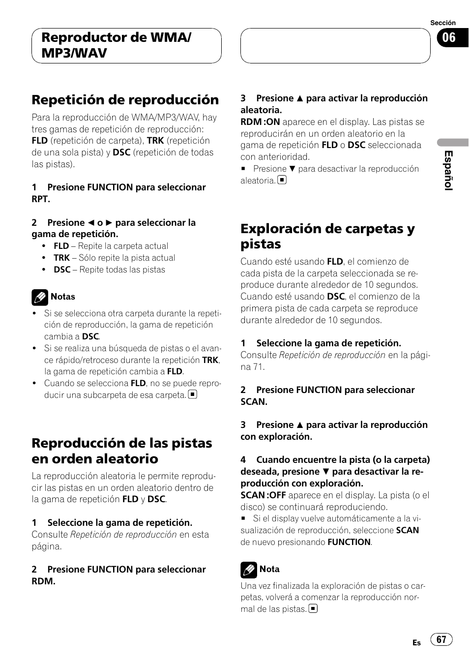 Repetición de reproducción, Reproducción de las pistas en orden, Aleatorio | Exploración de carpetas y pistas, Reproducción de las pistas en orden aleatorio, Reproductor de wma/ mp3/wav | Pioneer DEH-P5900MP User Manual | Page 67 / 95
