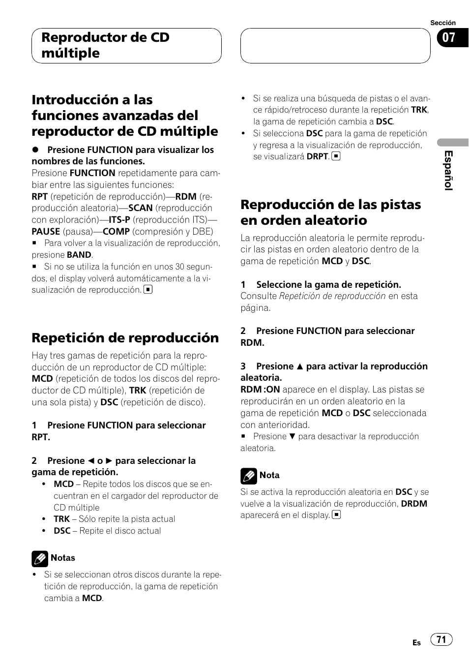 Introducción a las funciones avanzadas del, Reproductor de cd múltiple, Repetición de reproducción | Reproducción de las pistas en orden, Aleatorio, Reproducción de las pistas en orden aleatorio | Pioneer DEH-P5900MP User Manual | Page 71 / 95