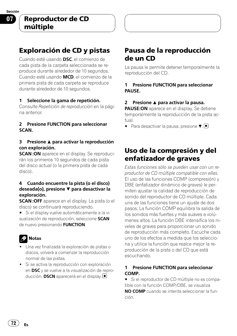 Exploración de cd y pistas, Pausa de la reproducción de un cd, Uso de la compresión y del enfatizador de | Graves, Uso de la compresión y del enfatizador de graves, Reproductor de cd múltiple | Pioneer DEH-P5900MP User Manual | Page 72 / 95