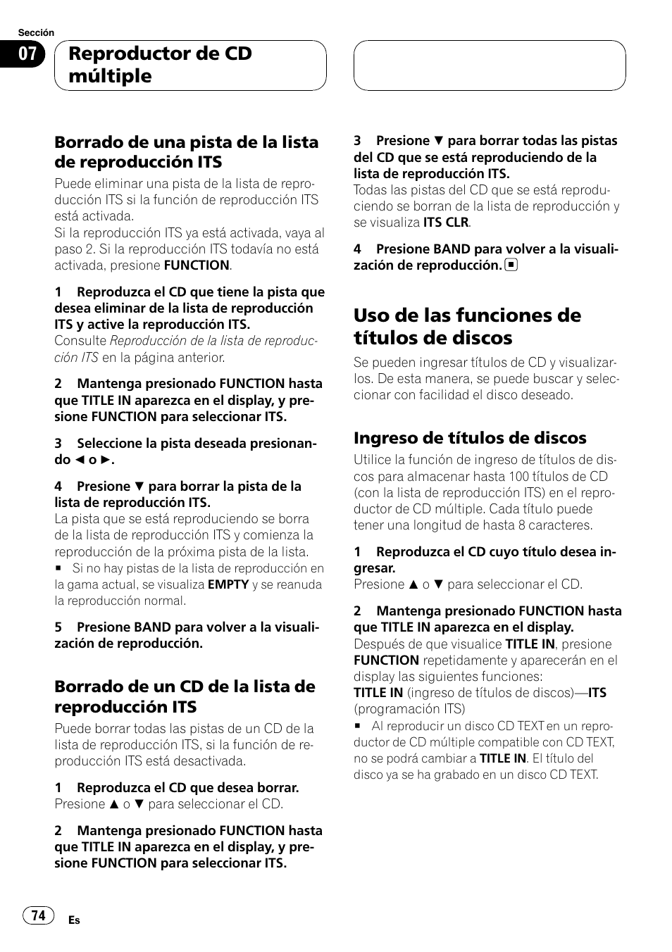 Borrado de una pista de la lista de, Reproducción its, Borrado de un cd de la lista de | Uso de las funciones de títulos de discos, Ingreso de títulos de discos 74, Reproductor de cd múltiple, Borrado de un cd de la lista de reproducción its, Ingreso de títulos de discos | Pioneer DEH-P5900MP User Manual | Page 74 / 95