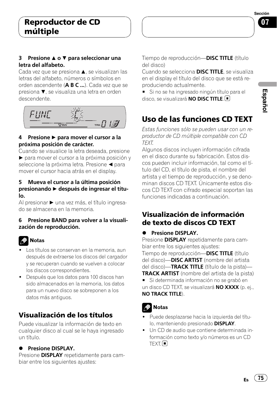 Visualización de los títulos 75, Uso de las funciones cd text, Visualización de información de texto | De discos cd text, Reproductor de cd múltiple, Visualización de los títulos | Pioneer DEH-P5900MP User Manual | Page 75 / 95